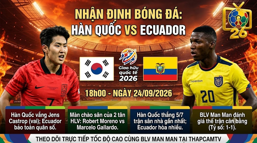 Nhận định tổng quan chiến thuật, lực lượng trận đấu Hàn Quốc vs Ecuador giao hữu quốc tế ngày 24/09/2026 từ chuyên gia ThapcamTV.