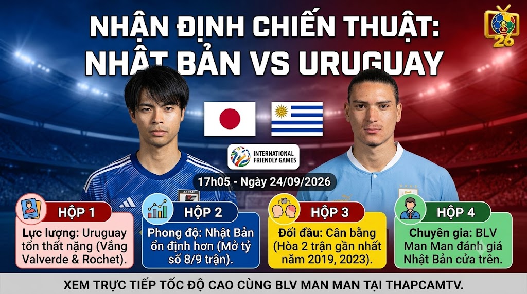 Nhận định tổng quan chiến thuật và lực lượng trận đấu Nhật Bản vs Uruguay giao hữu quốc tế ngày 24/09/2026 từ chuyên gia ThapcamTV.
