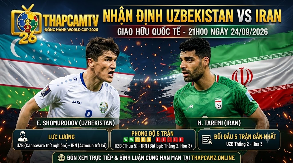 Nhận định trận đấu Uzbekistan vs Iran lúc 21h00 ngày 24/09/2026 trên ThapcamTV. Cuộc đối đầu tâm điểm giữa Shomurodov và Taremi.