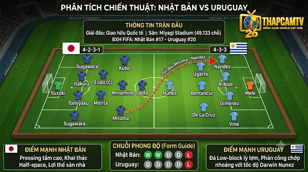 Sa bàn phân tích chiến thuật trận Nhật Bản vs Uruguay, sơ đồ 4-2-3-1 của tuyển Nhật Bản đối đầu 4-3-3 của Uruguay với điểm nóng Mitoma và Nandez.